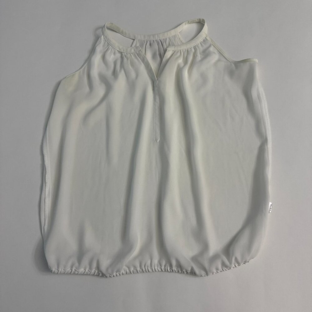 Ann Taylor Loft Petites Sleeveless White Sheer Blouse Elastic Hem Blouson Top - Picture 8 of 8